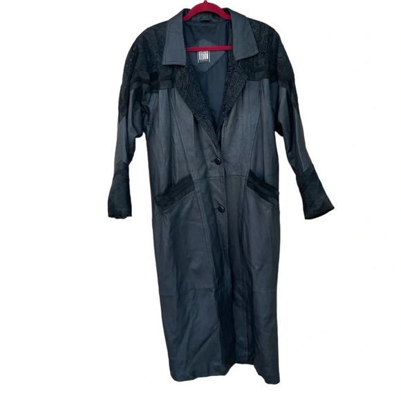 Greg Bell Leather Trench Coat Long Sleeve Collared Button Midi Black Size S - Picture 2 of 16